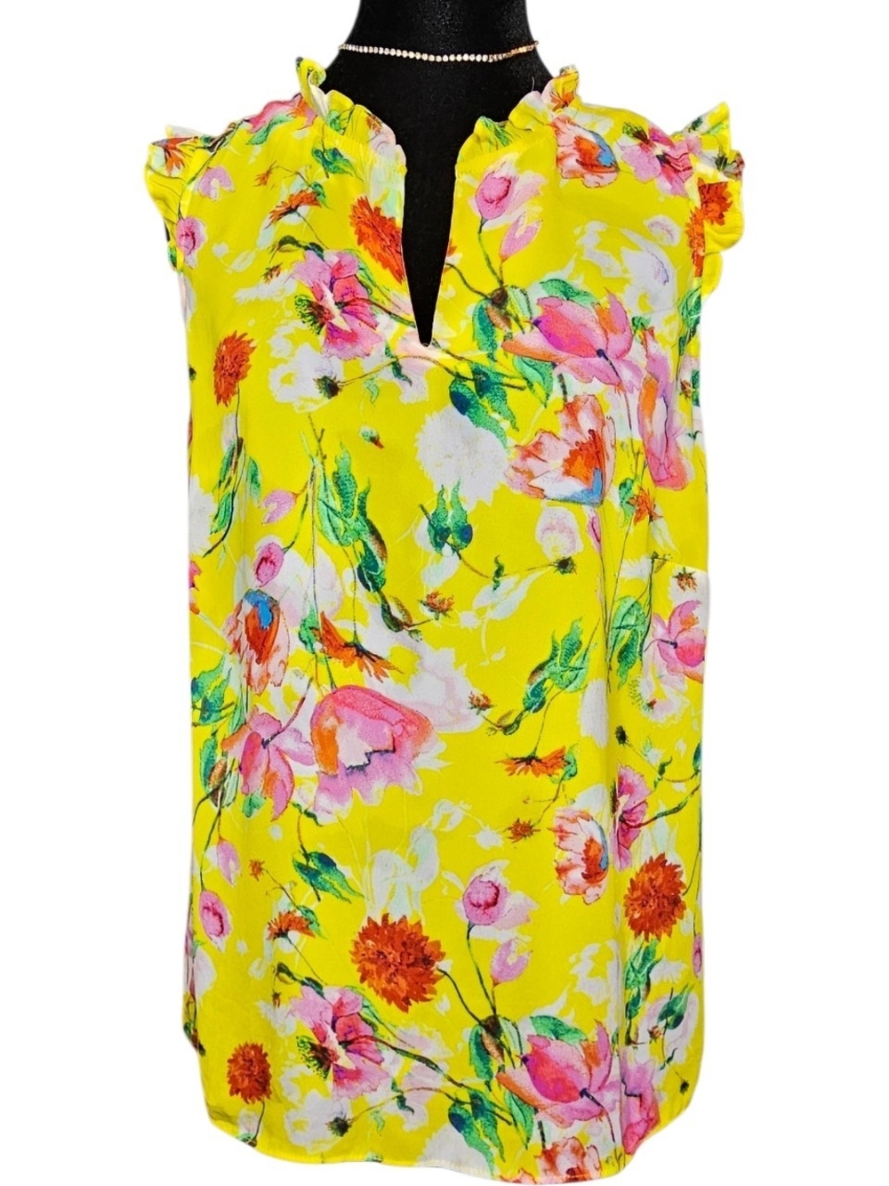 ROSE + OLIVE Bright Yellow Floral Sleeveless Top Size L